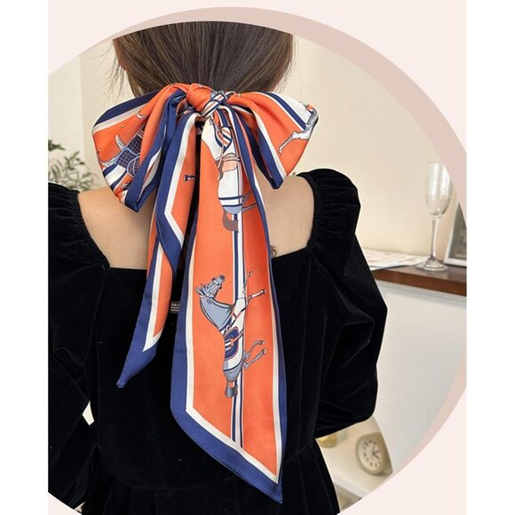 Women's Orange Blue Horse Fashion Oblique Angle Silk Neck Scarf Printed Scarves - Picture 3 of 7